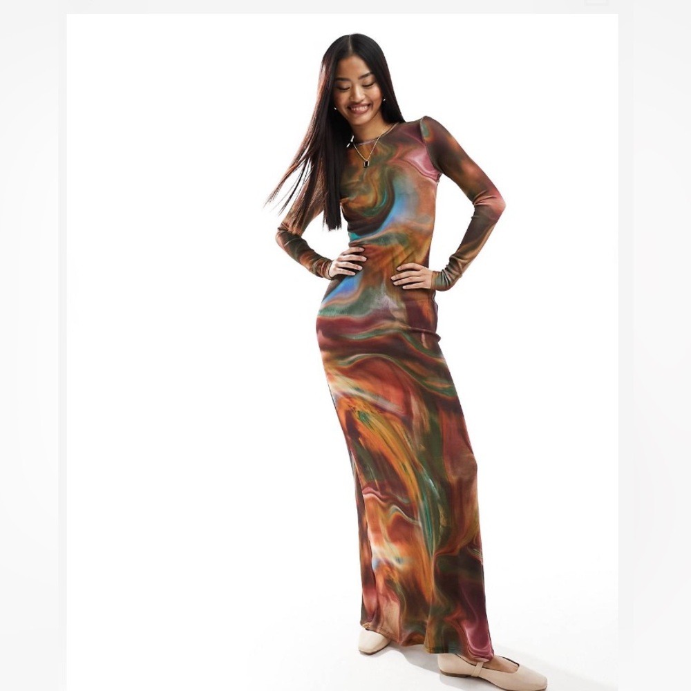BNWOT ASOS long sleeve open back maxi slinky dress in marble print 6